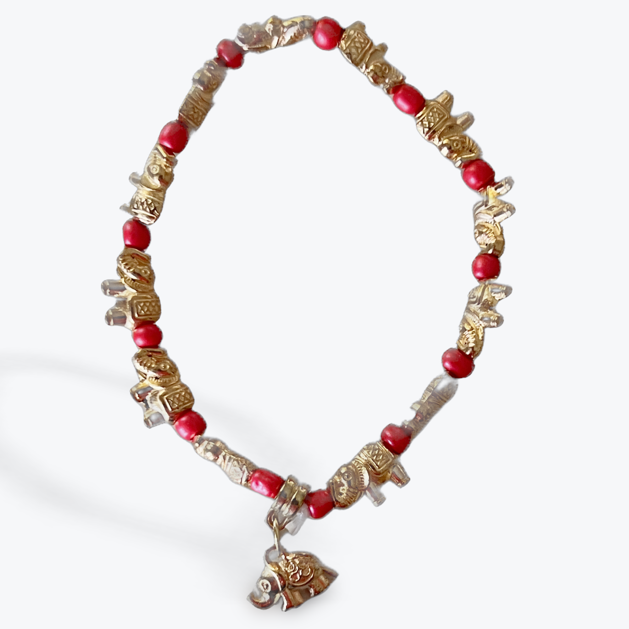 Elephant Pendant Beaded Stretch Bracelet (Gold Red Bead)