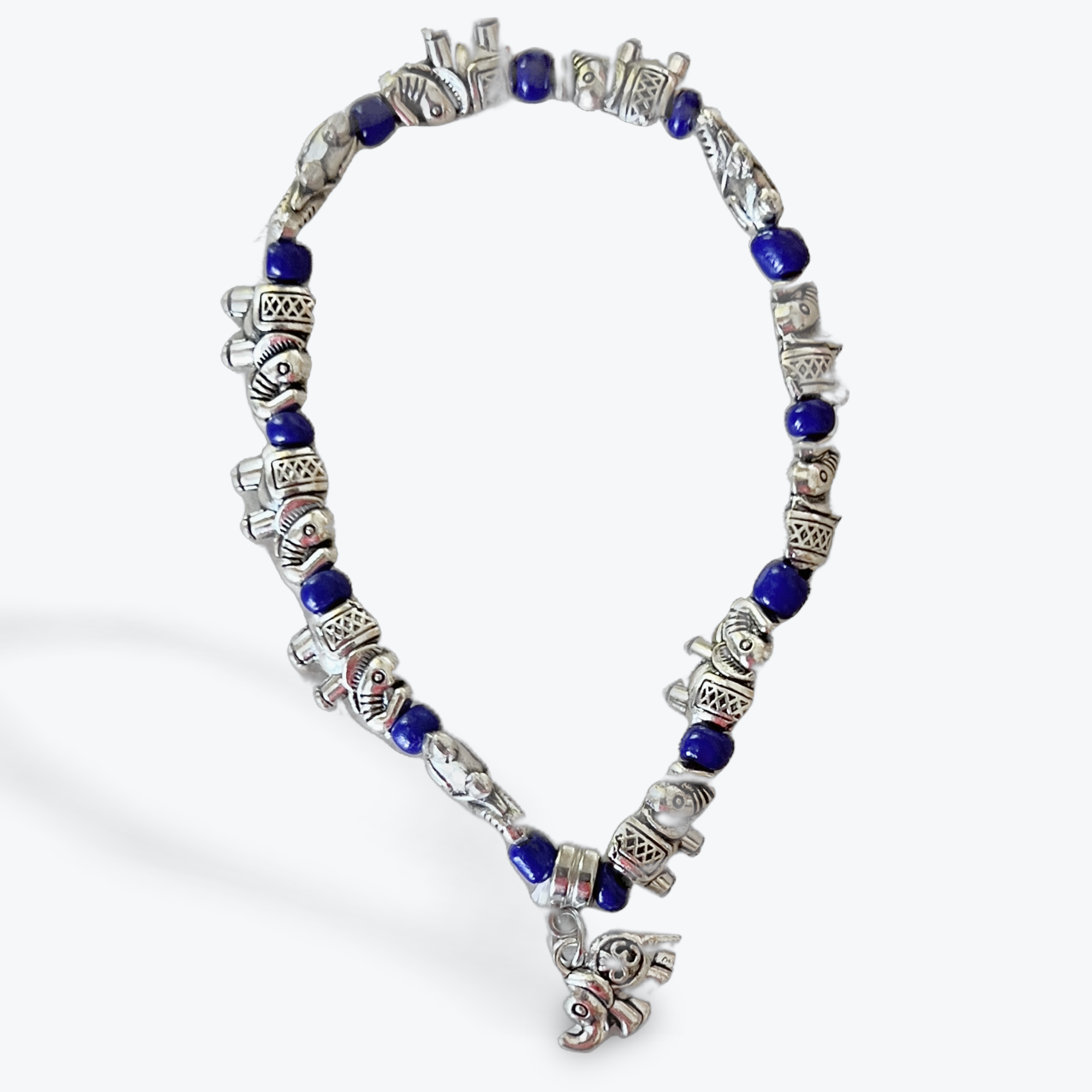 Elephant Pendant Beaded Stretch Bracelet (Silver Blue Bead)