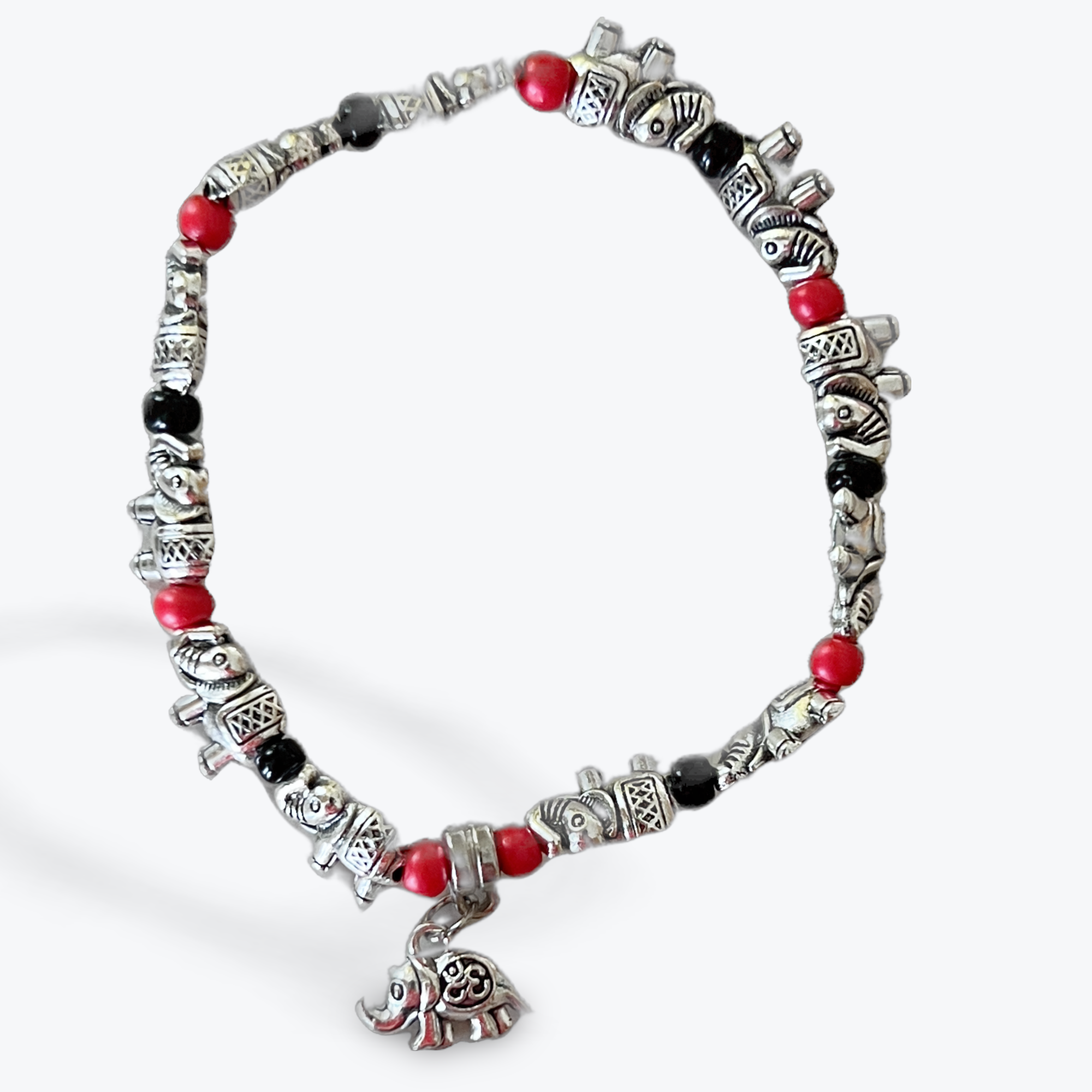 Elephant Pendant Beaded Stretch Bracelet (Silver Blue & Red Bead)