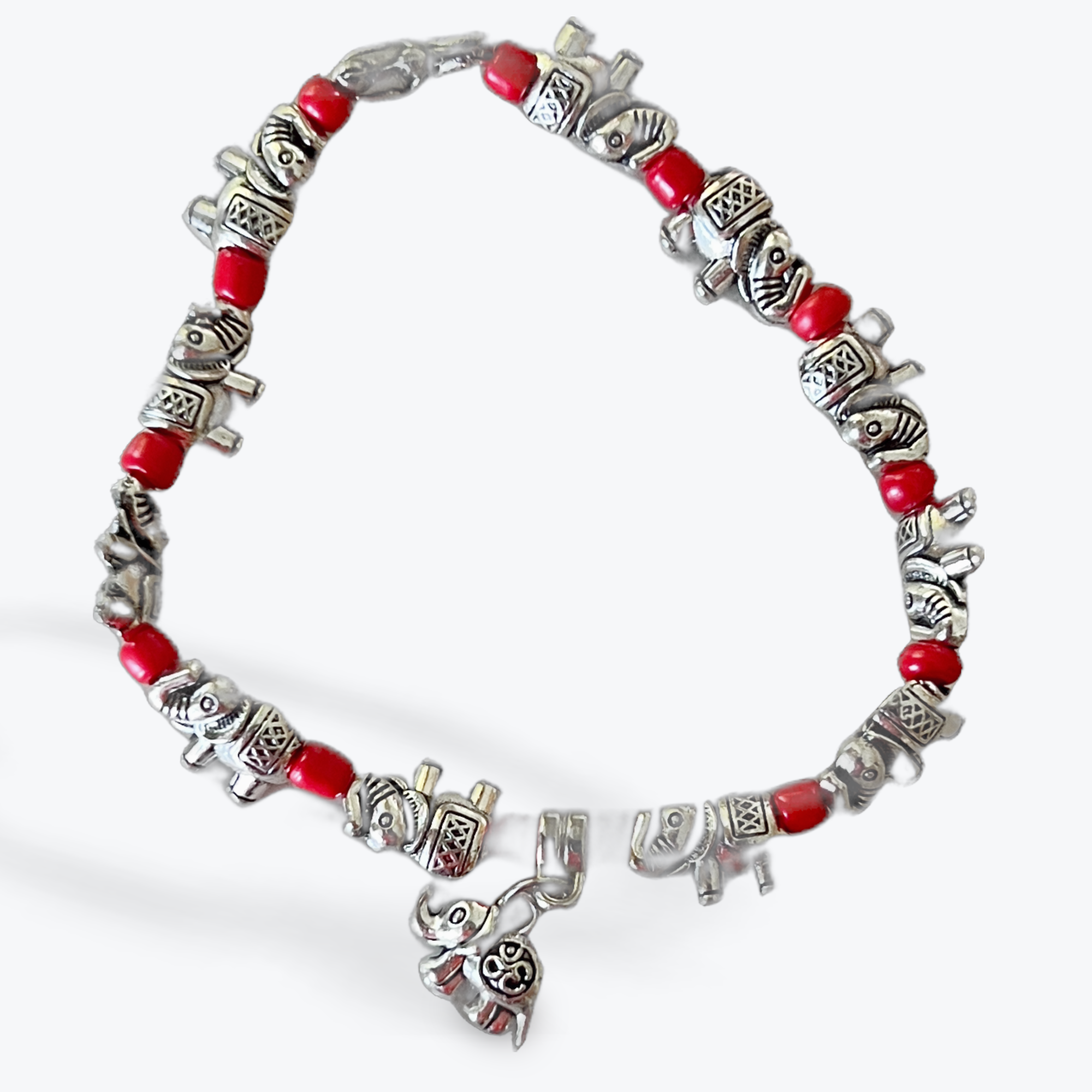 Elephant Pendant Beaded Stretch Bracelet (Silver Red Bead)